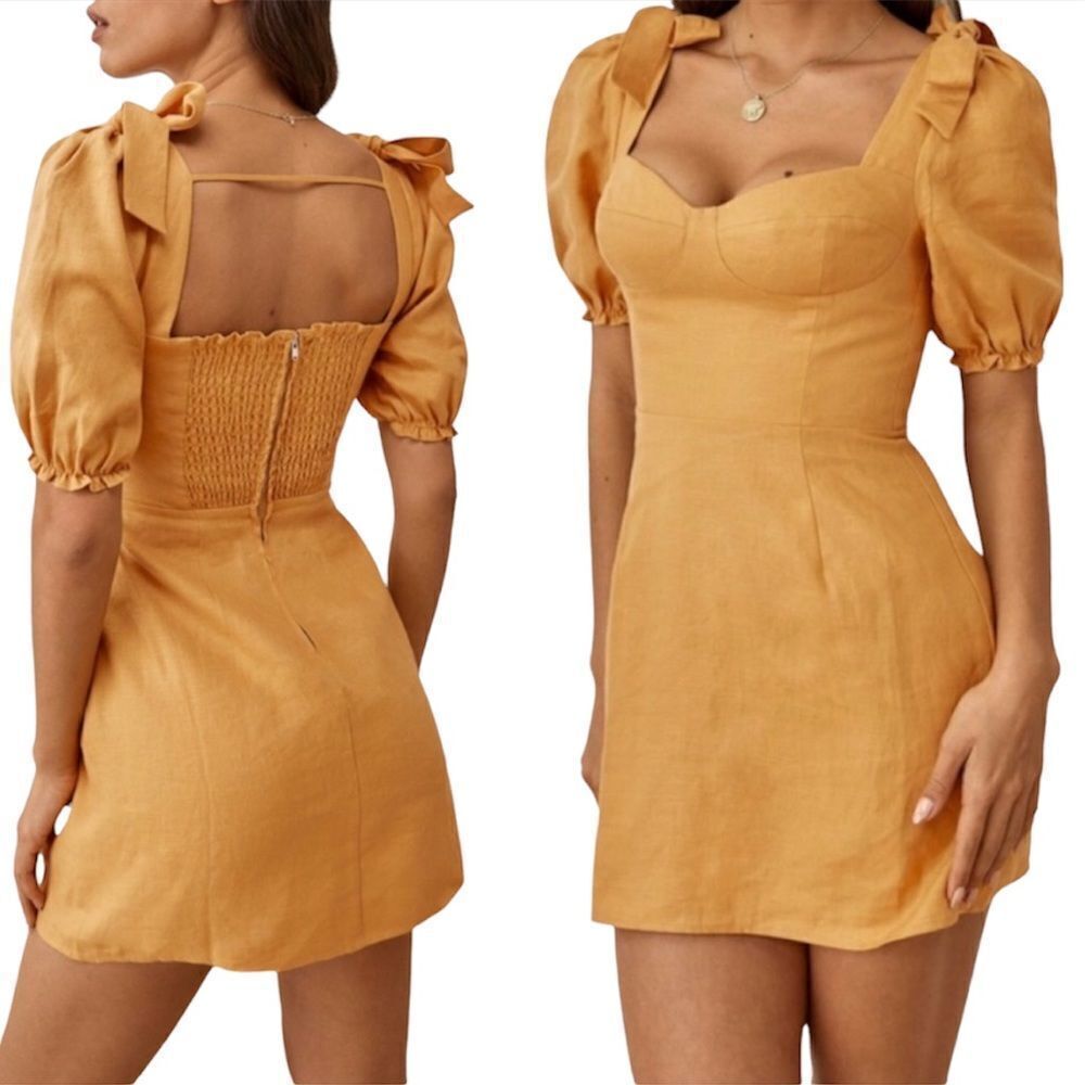 REFORMATION Spring Statement Sleeve Linen Smocked back corsett Dress Size 0 NWT
